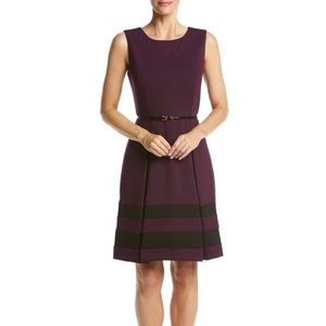 Calvin Klein Purple  Sleeveless‎ Striped Hem Belt Flare Ponte Knit Dress Size 8
